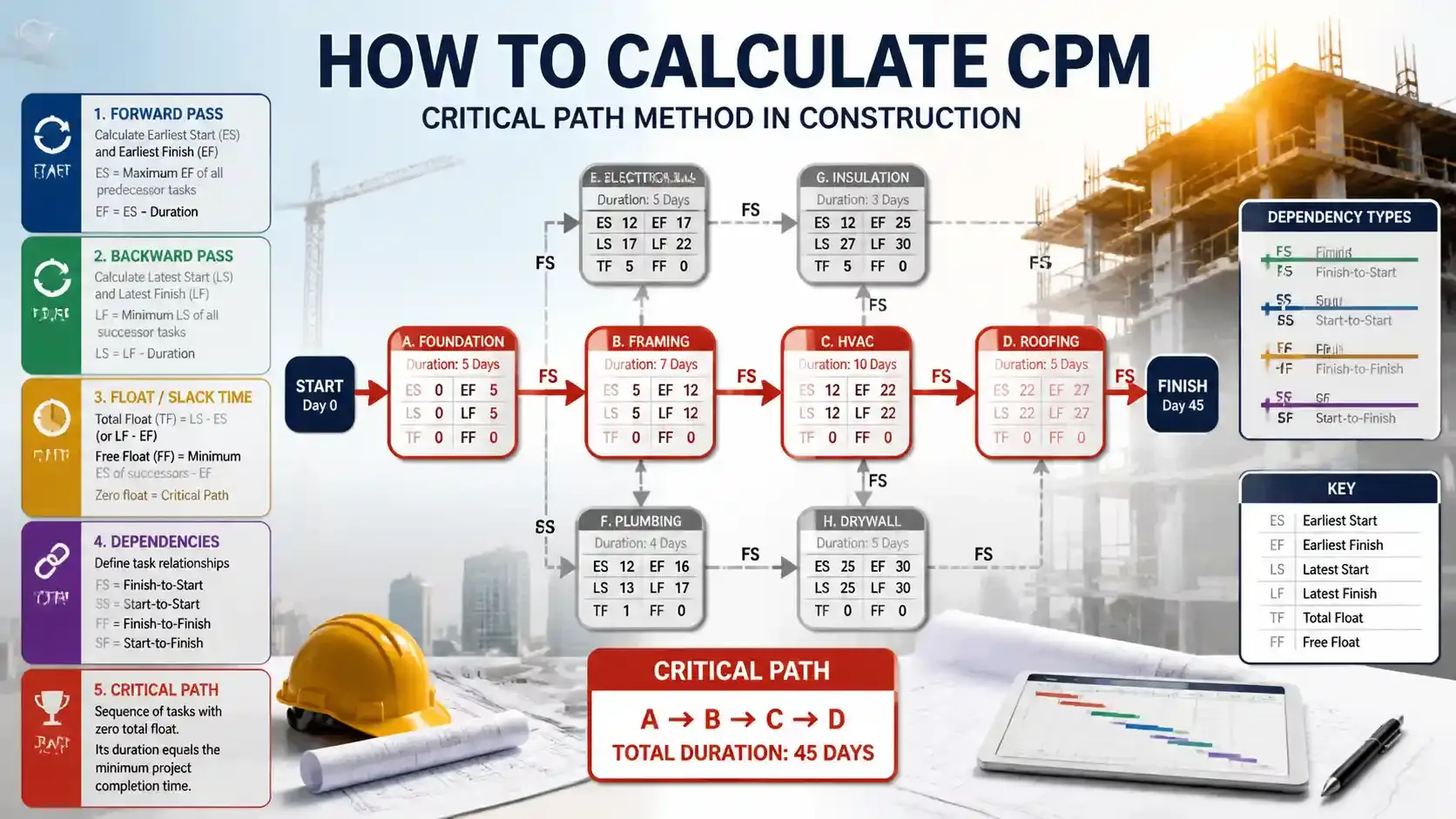 Infographic of CPM in construction showing forward/backward pass, float, and critical path.